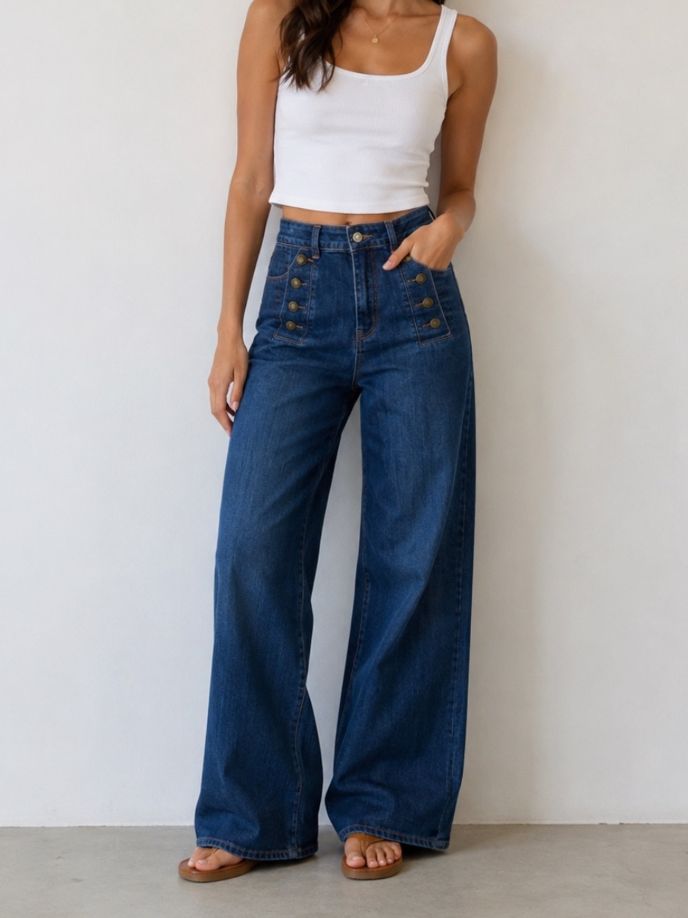Gabby Isabella Wide Leg Jeans in Dark Blue with Brass Buttons
